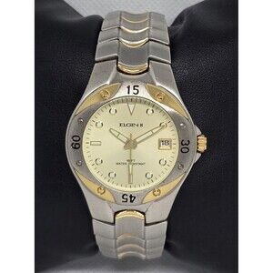 Men's Elgin II Round Gold Dial Two-Tone Case Bracelet Band Date Watch 09